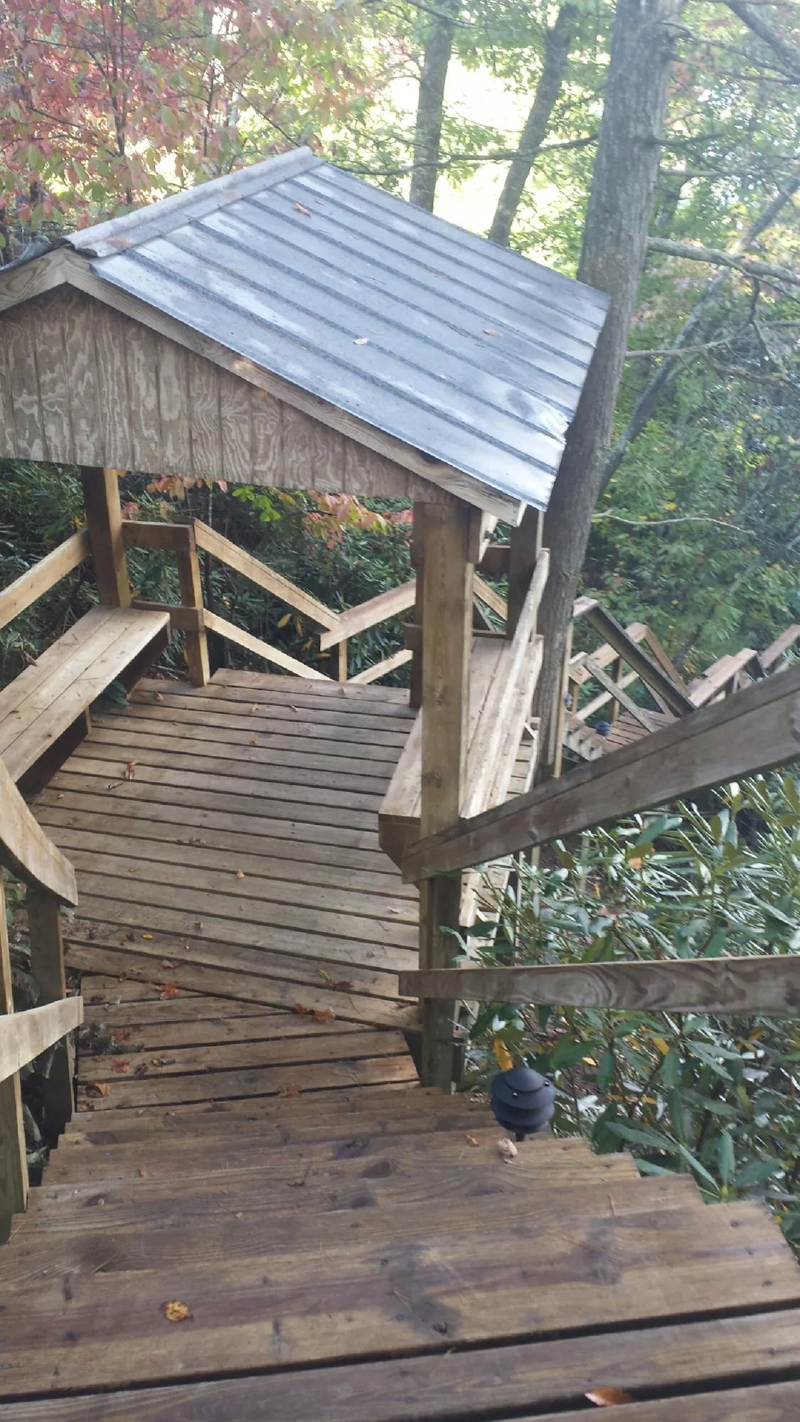 Metal roofed shelter over wooden steps on a wooded walkway — Skylight Repair & Installation work by our crew in Oak City